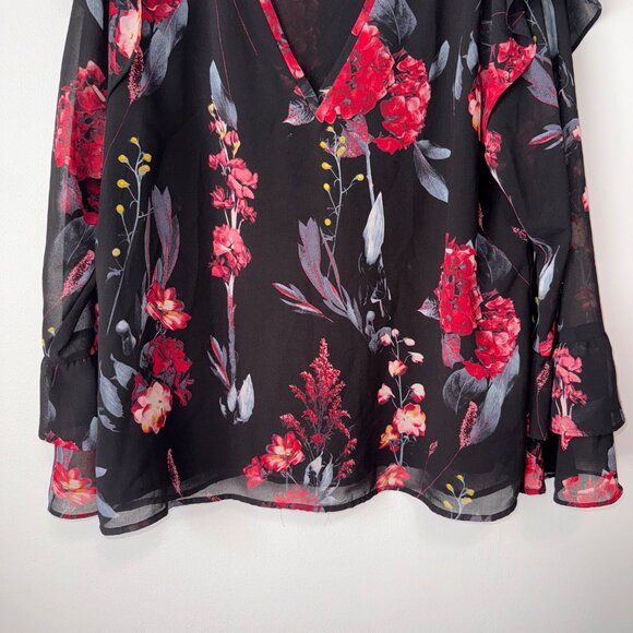 Floral V-Neck Chiffon Blouse A New Day L Black Red Pink Floral Print Long Sleeve - Picture 7 of 9
